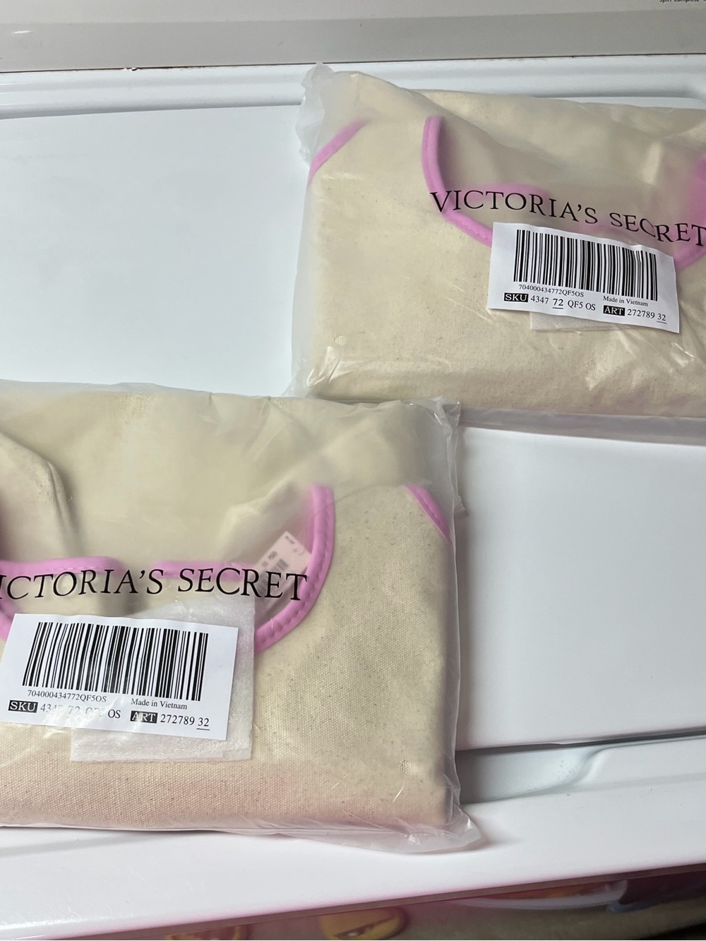 2 Victoria's Secret Cream & Pink Trim Women's canvas Totes